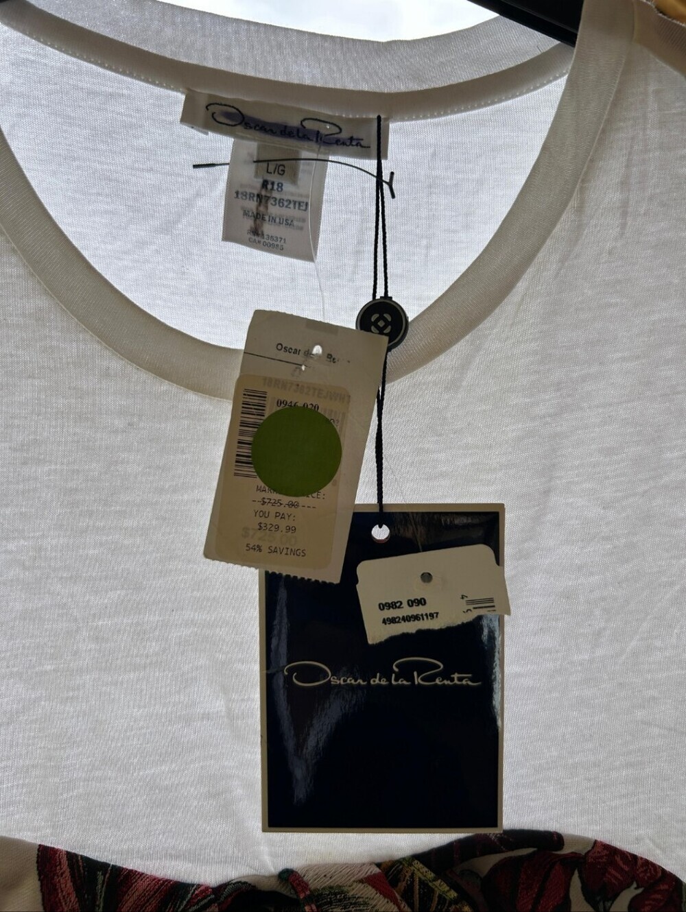 Oscar de la Renta White Tee with Multicolor Leaf Panel Size L - Picture 5 of 6